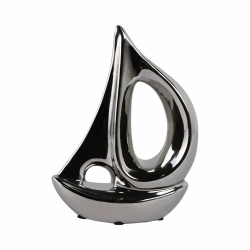 Abstract Sailboat Decorative Sculpture | 8" Metallic Silver Ceramic