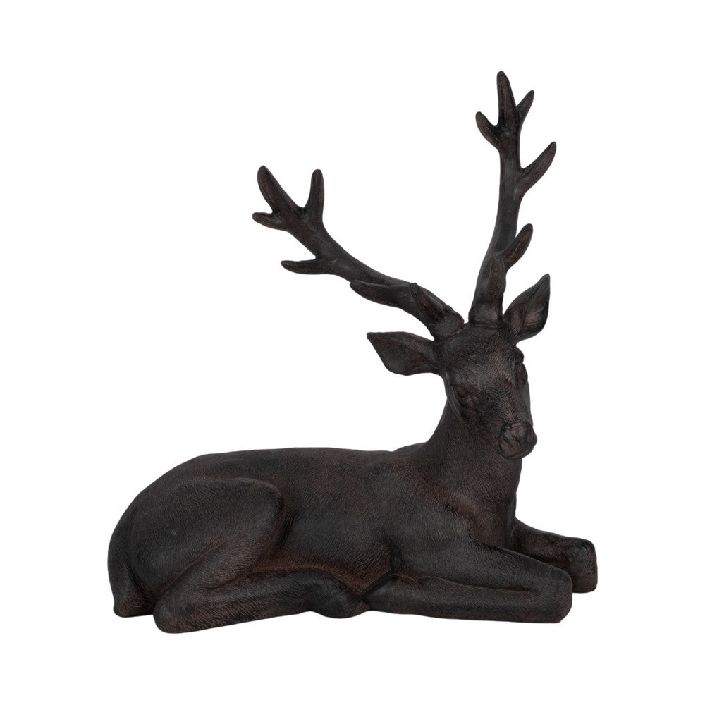 Aloe Sitting Deer Figurine Statue| Carved Buck Antlers | Brown |14"