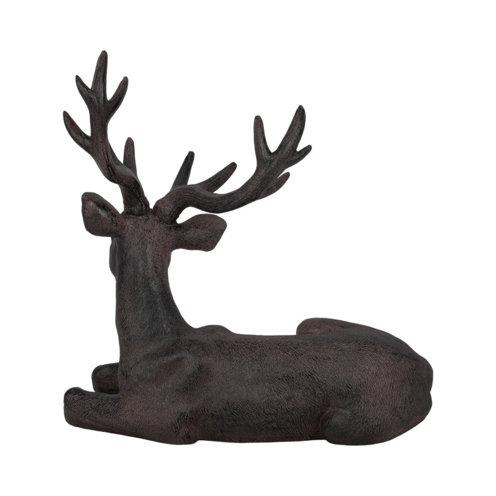 Aloe Sitting Deer Figurine Statue| Carved Buck Antlers | Brown |14"