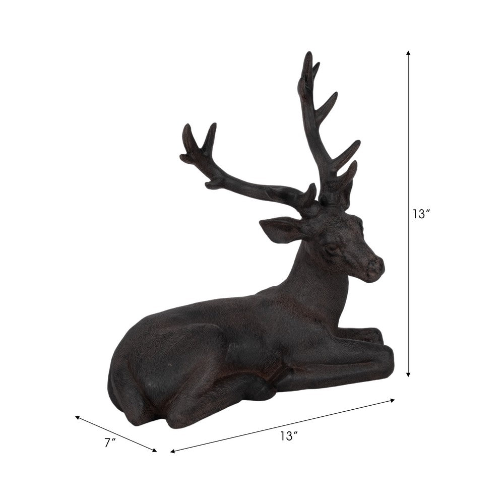 Aloe Sitting Deer Figurine Statue| Carved Buck Antlers | Brown |14"