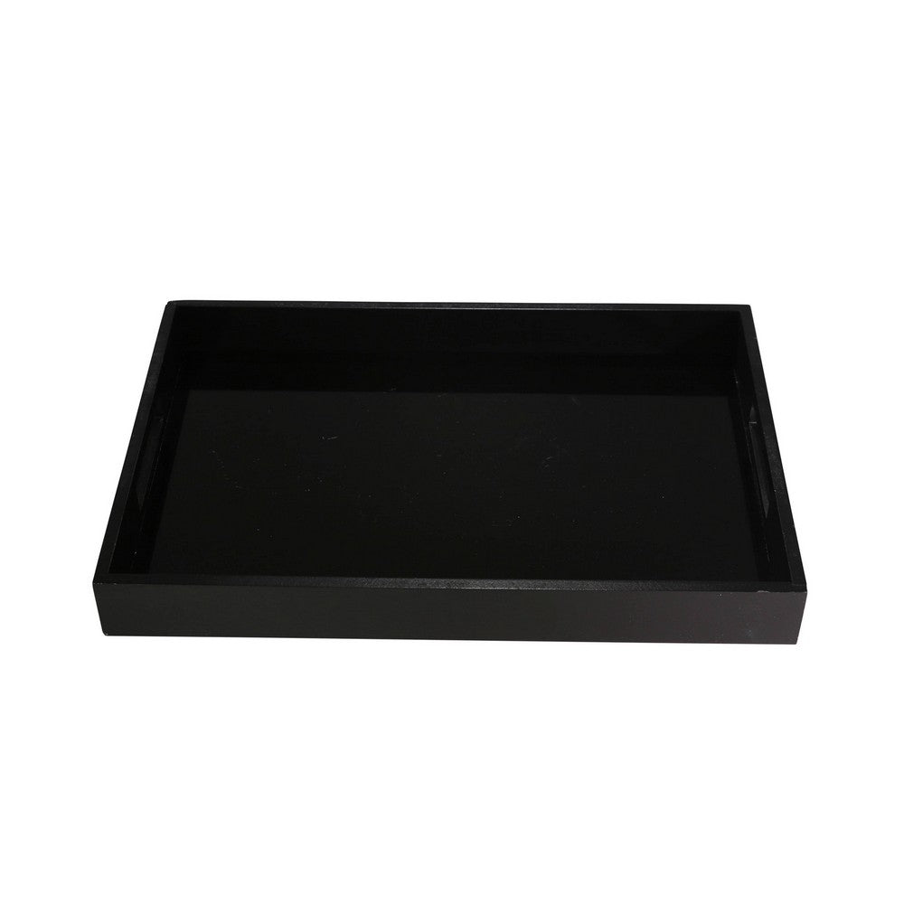 18" Decorative Accent Tray | Cutout Handles | Black Wood & Glass