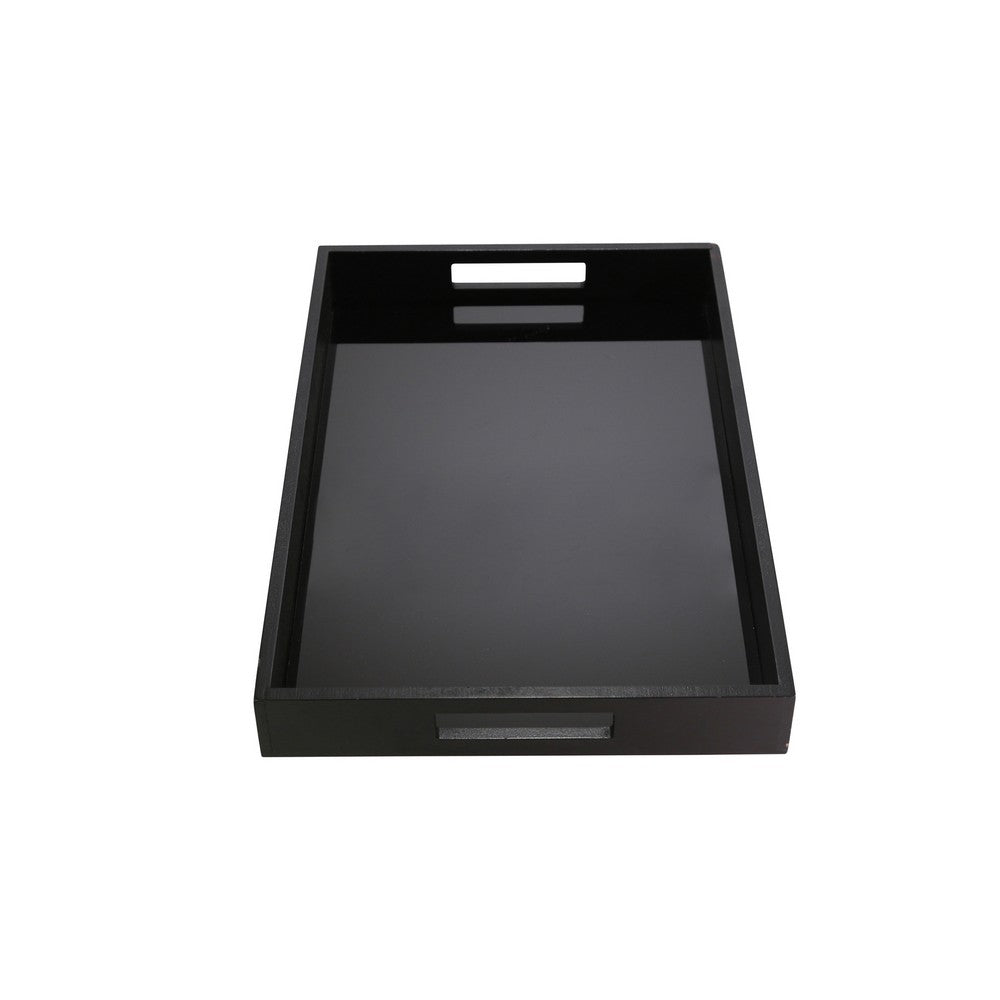 18" Decorative Accent Tray | Cutout Handles | Black Wood & Glass