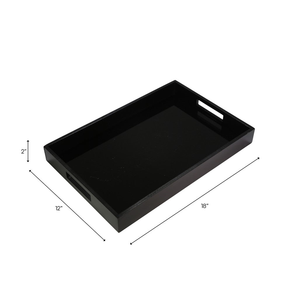 18" Decorative Accent Tray | Cutout Handles | Black Wood & Glass