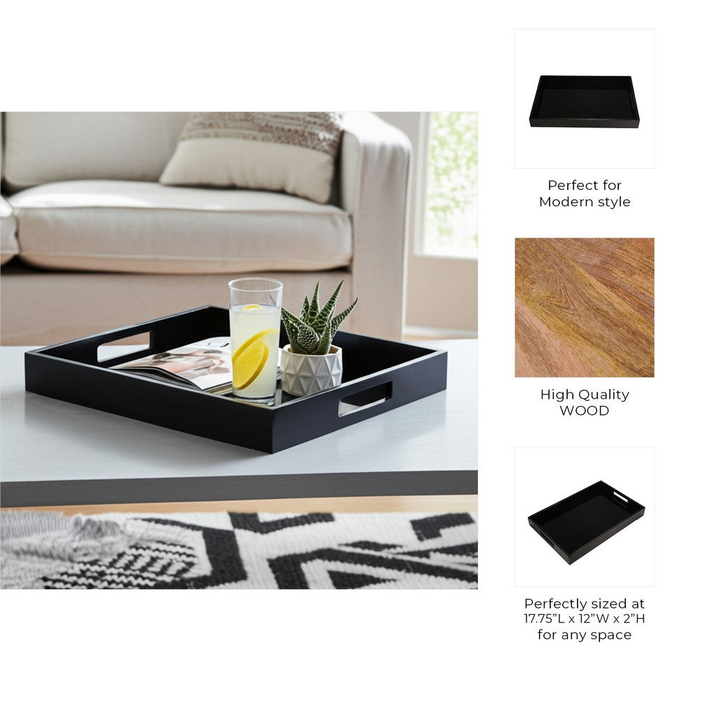 18" Decorative Accent Tray | Cutout Handles | Black Wood & Glass