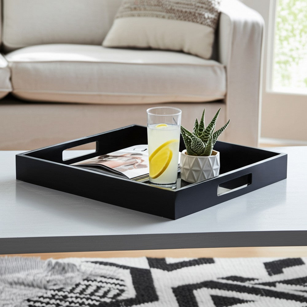 18" Decorative Accent Tray | Cutout Handles | Black Wood & Glass