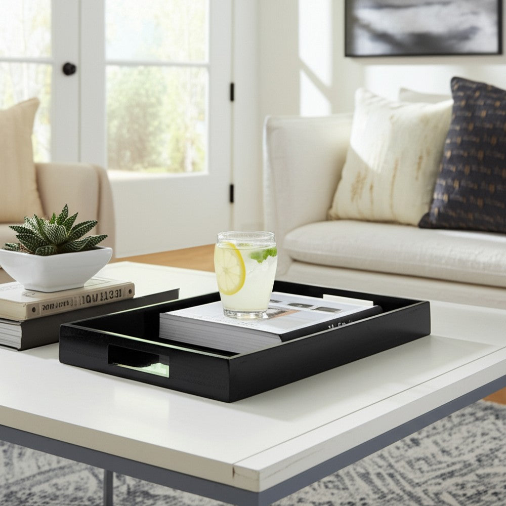 18" Decorative Accent Tray | Cutout Handles | Black Wood & Glass
