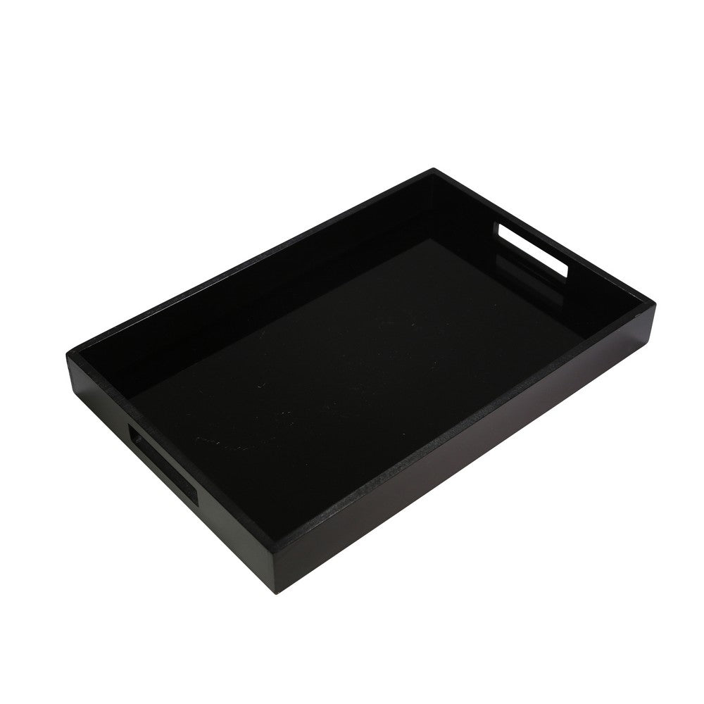 18" Decorative Accent Tray | Cutout Handles | Black Wood & Glass