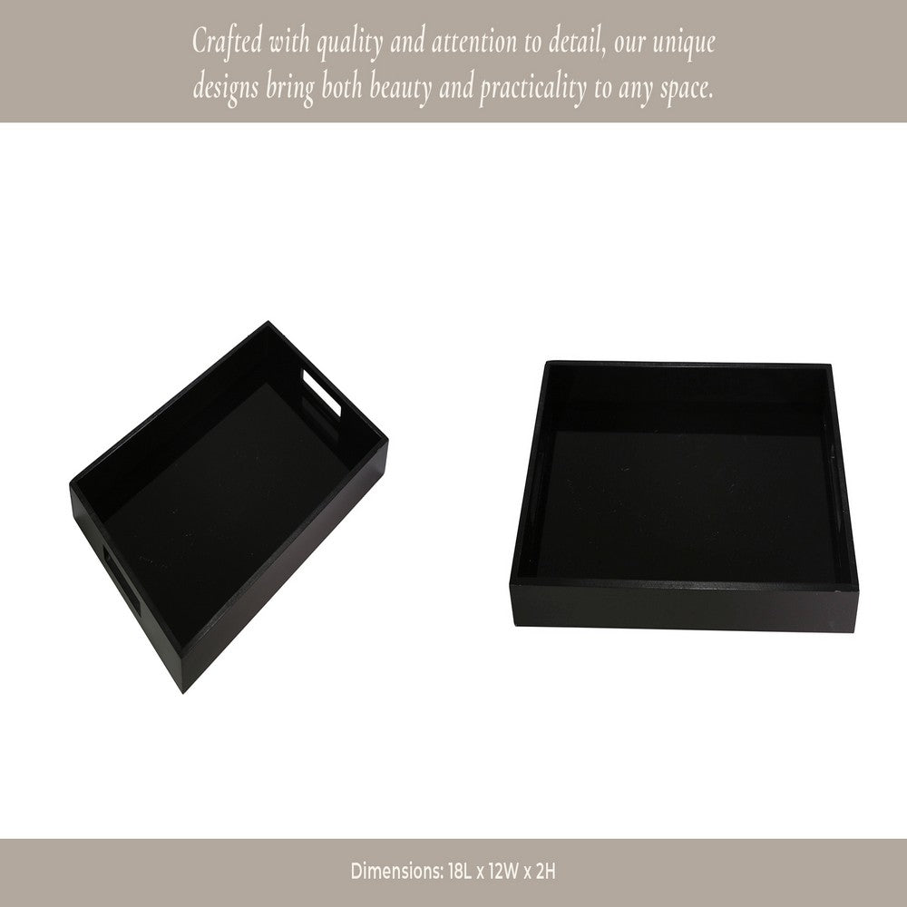 18" Decorative Accent Tray | Cutout Handles | Black Wood & Glass
