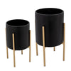 Set of 2 Indoor Outdoor Flower Planters on Gold Metal Stands | Black Iron