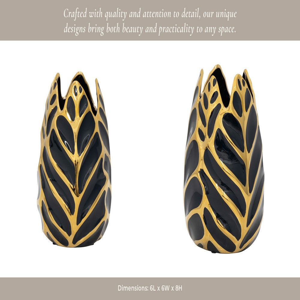 Decorative Leaf Shaped Flower Vase | 8" | Navy Blue & Gold Ceramic