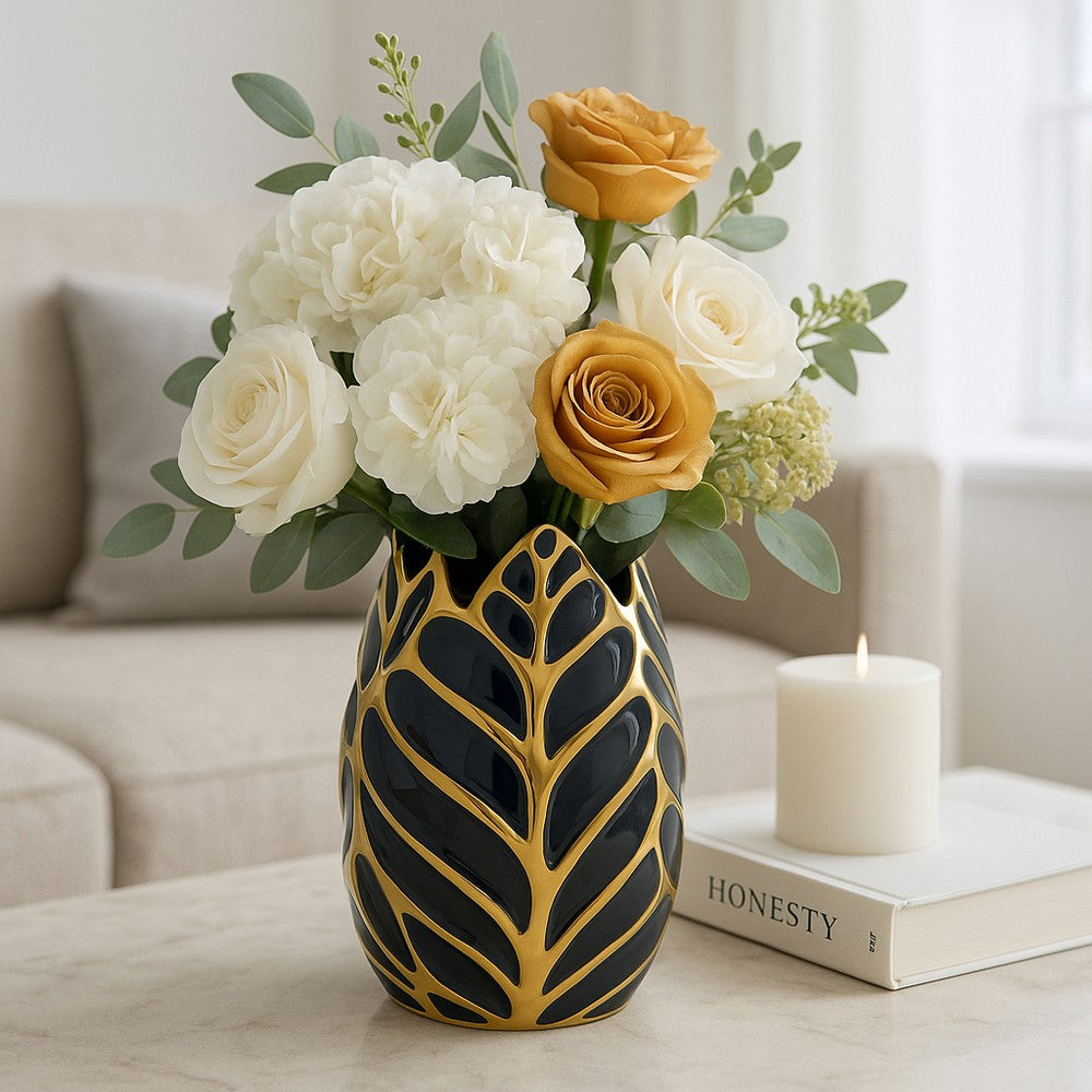 Decorative Leaf Shaped Flower Vase | 8" | Navy Blue & Gold Ceramic