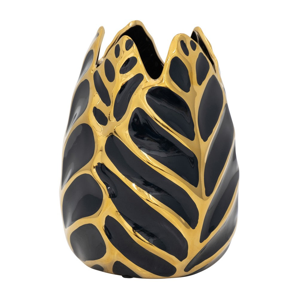 Decorative Leaf Shaped Flower Vase | 8" | Navy Blue & Gold Ceramic