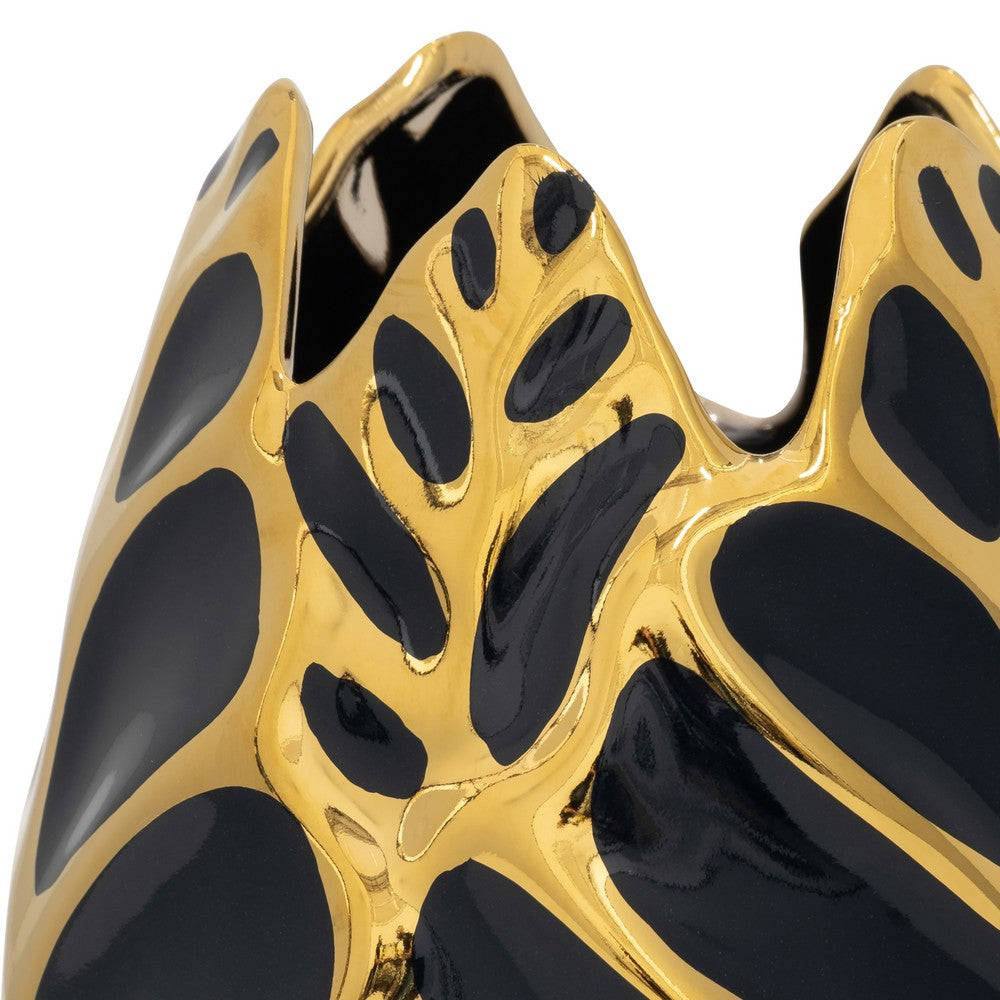 Decorative Leaf Shaped Flower Vase | 8" | Navy Blue & Gold Ceramic