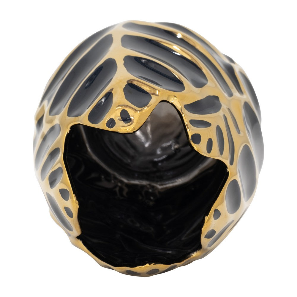 Decorative Leaf Shaped Flower Vase | 8" | Navy Blue & Gold Ceramic