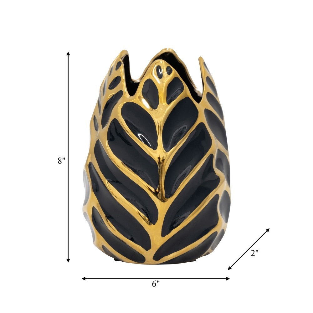 Decorative Leaf Shaped Flower Vase | 8" | Navy Blue & Gold Ceramic