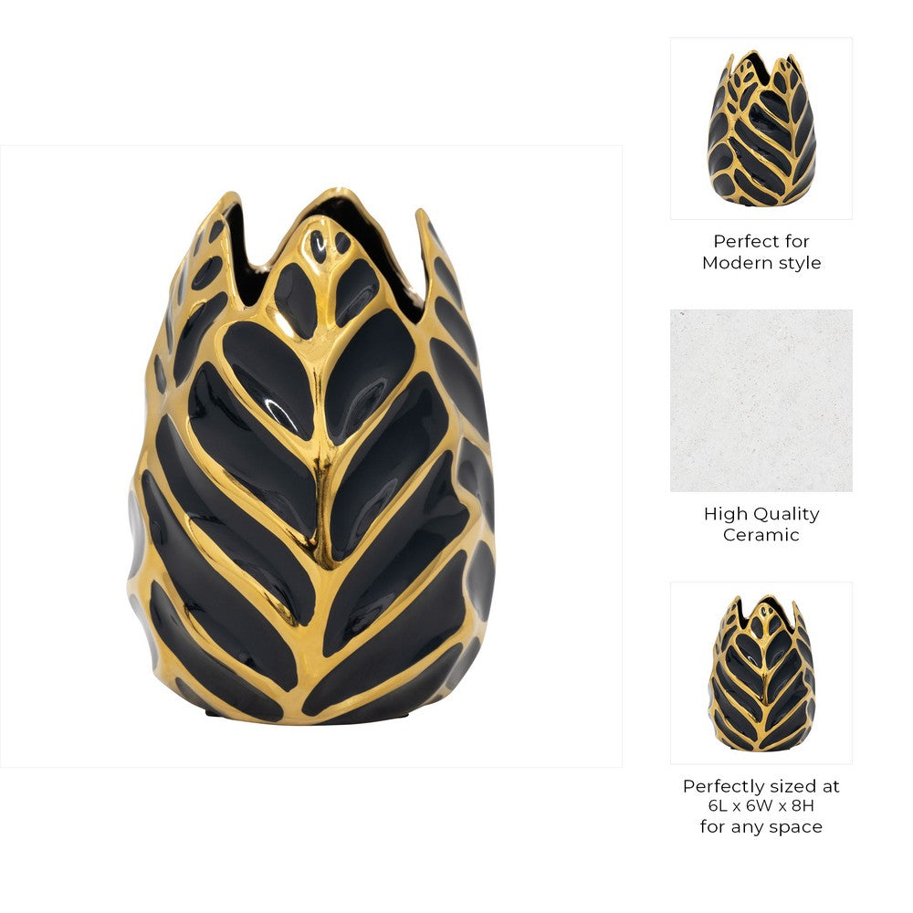 Decorative Leaf Shaped Flower Vase | 8" | Navy Blue & Gold Ceramic