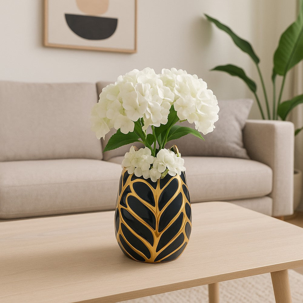 Decorative Leaf Shaped Flower Vase | 8" | Navy Blue & Gold Ceramic