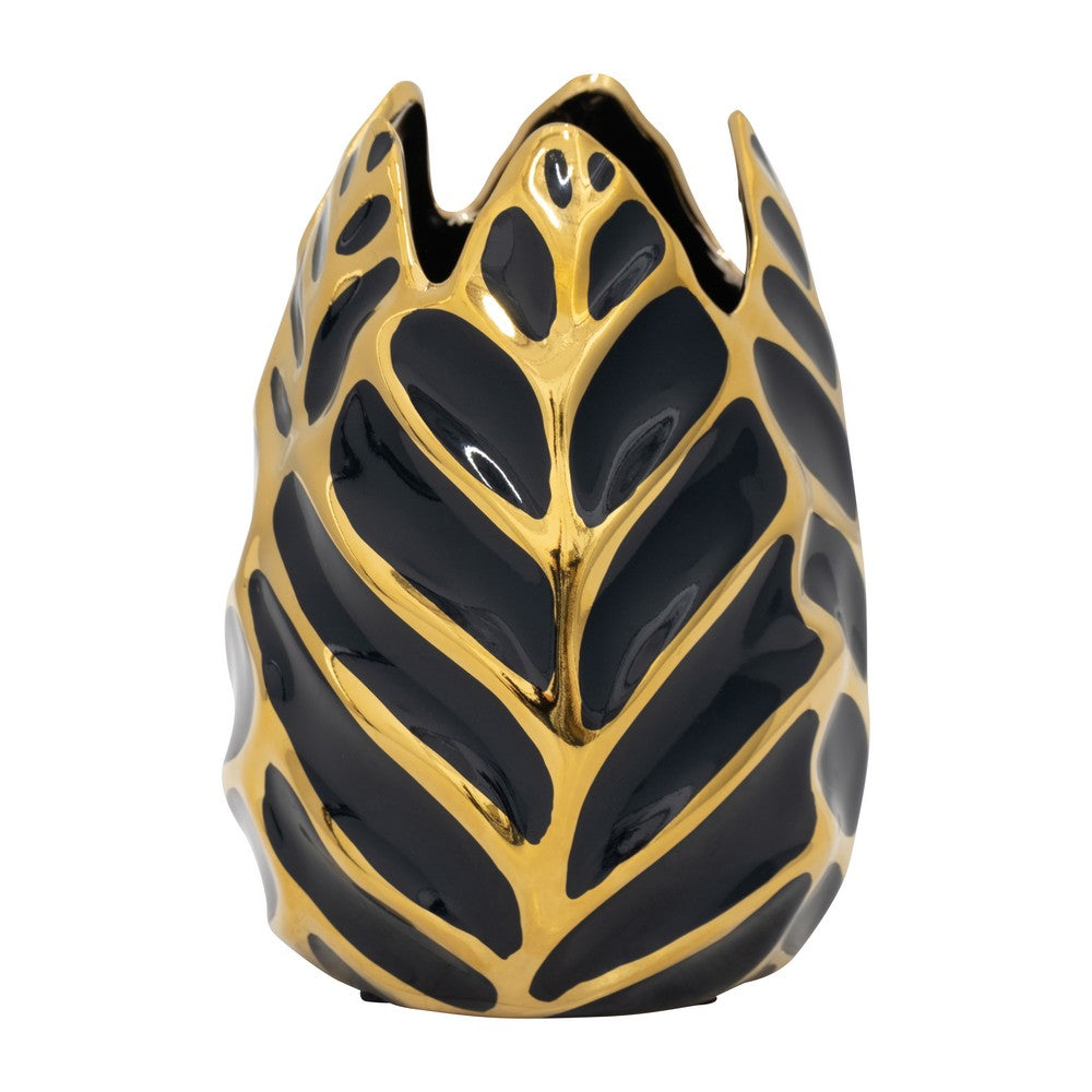 Decorative Leaf Shaped Flower Vase | 8" | Navy Blue & Gold Ceramic