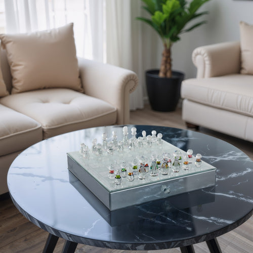 Chessboard Set w Drawer | 14" Silver Mirrored Glass & Crystal