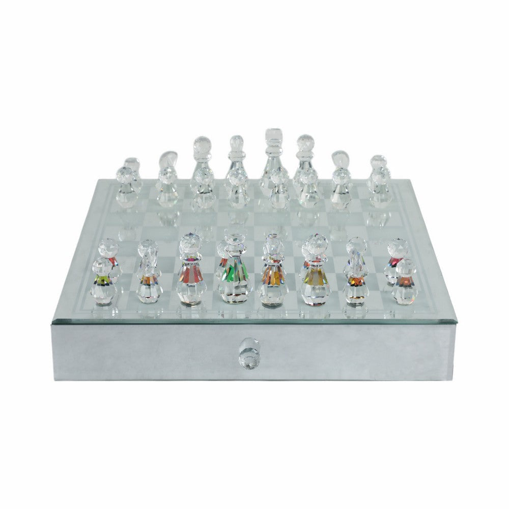 Chessboard Set w Drawer | 14’’ Silver Mirrored Glass & Crystal SBH-14461