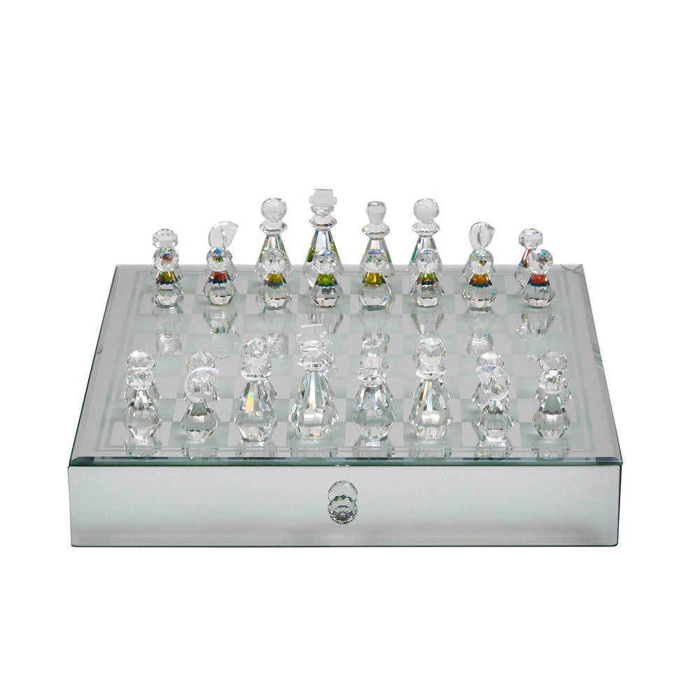 Chessboard Set w Drawer | 14" Silver Mirrored Glass & Crystal