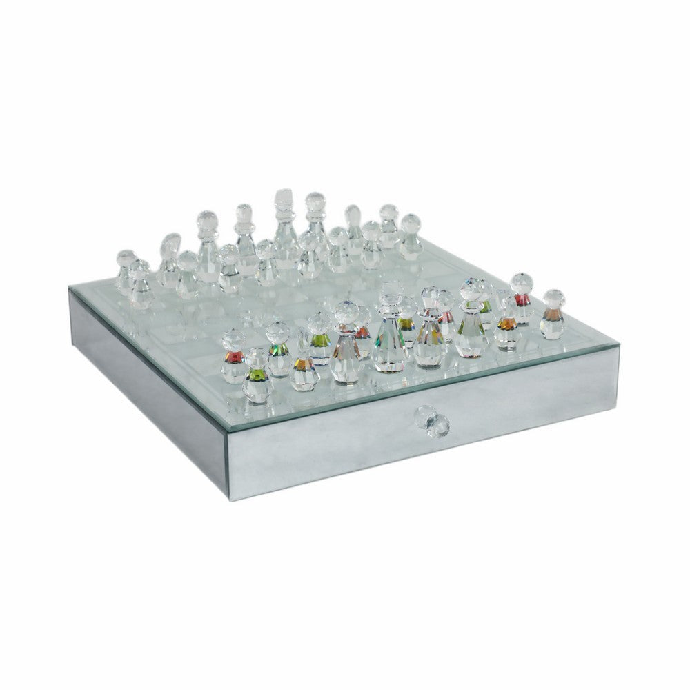 Chessboard Set w Drawer | 14’’ Silver Mirrored Glass & Crystal SBH-14461