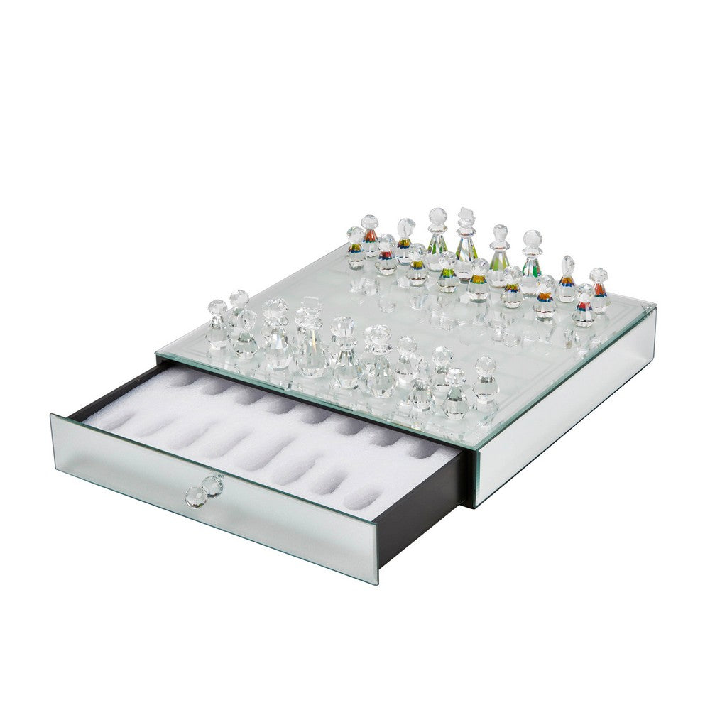 Chessboard Set w Drawer | 14" Silver Mirrored Glass & Crystal