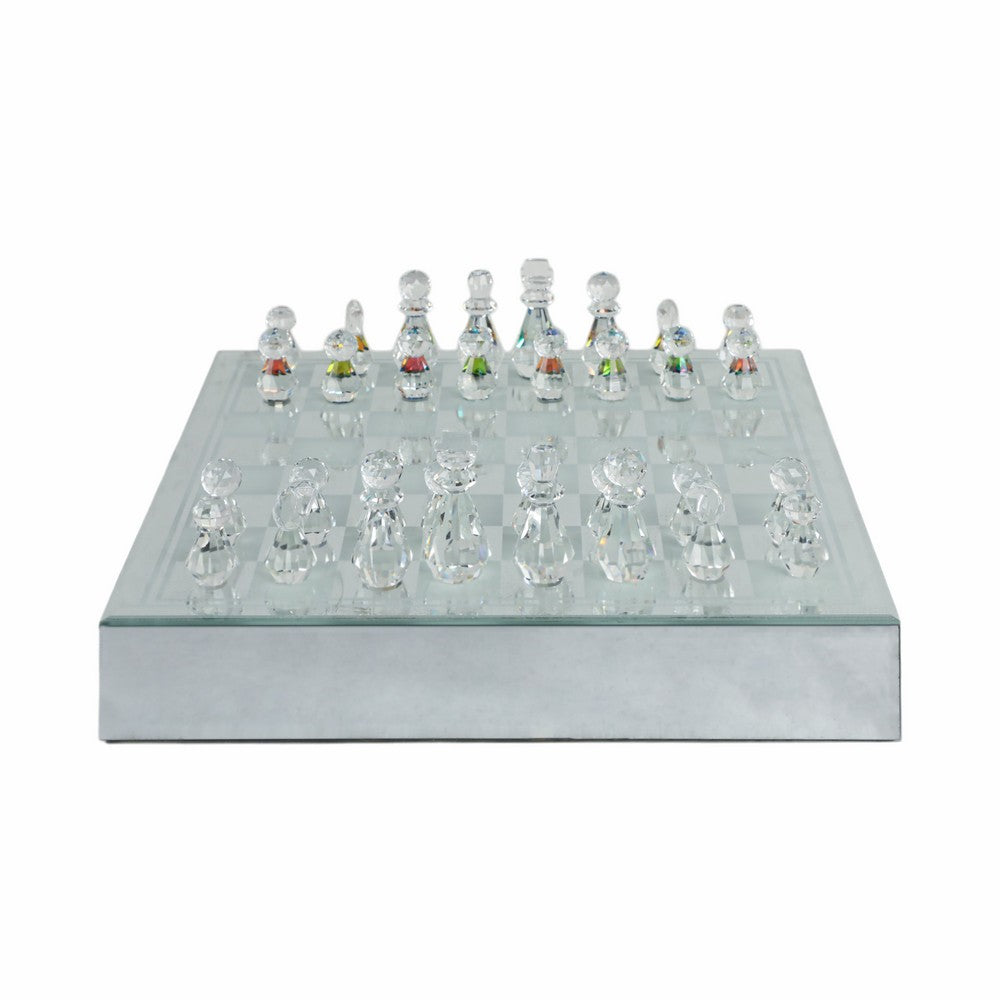 Chessboard Set w Drawer | 14" Silver Mirrored Glass & Crystal
