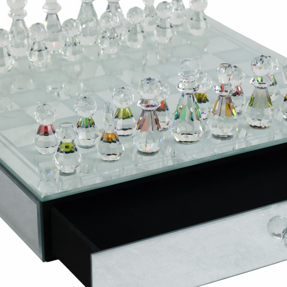 Chessboard Set w Drawer | 14" Silver Mirrored Glass & Crystal
