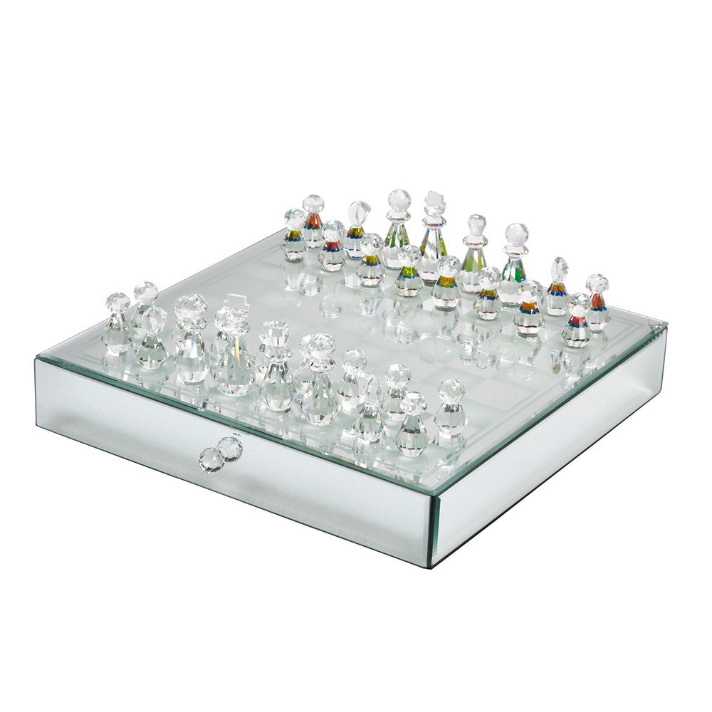 Chessboard Set w Drawer | 14" Silver Mirrored Glass & Crystal