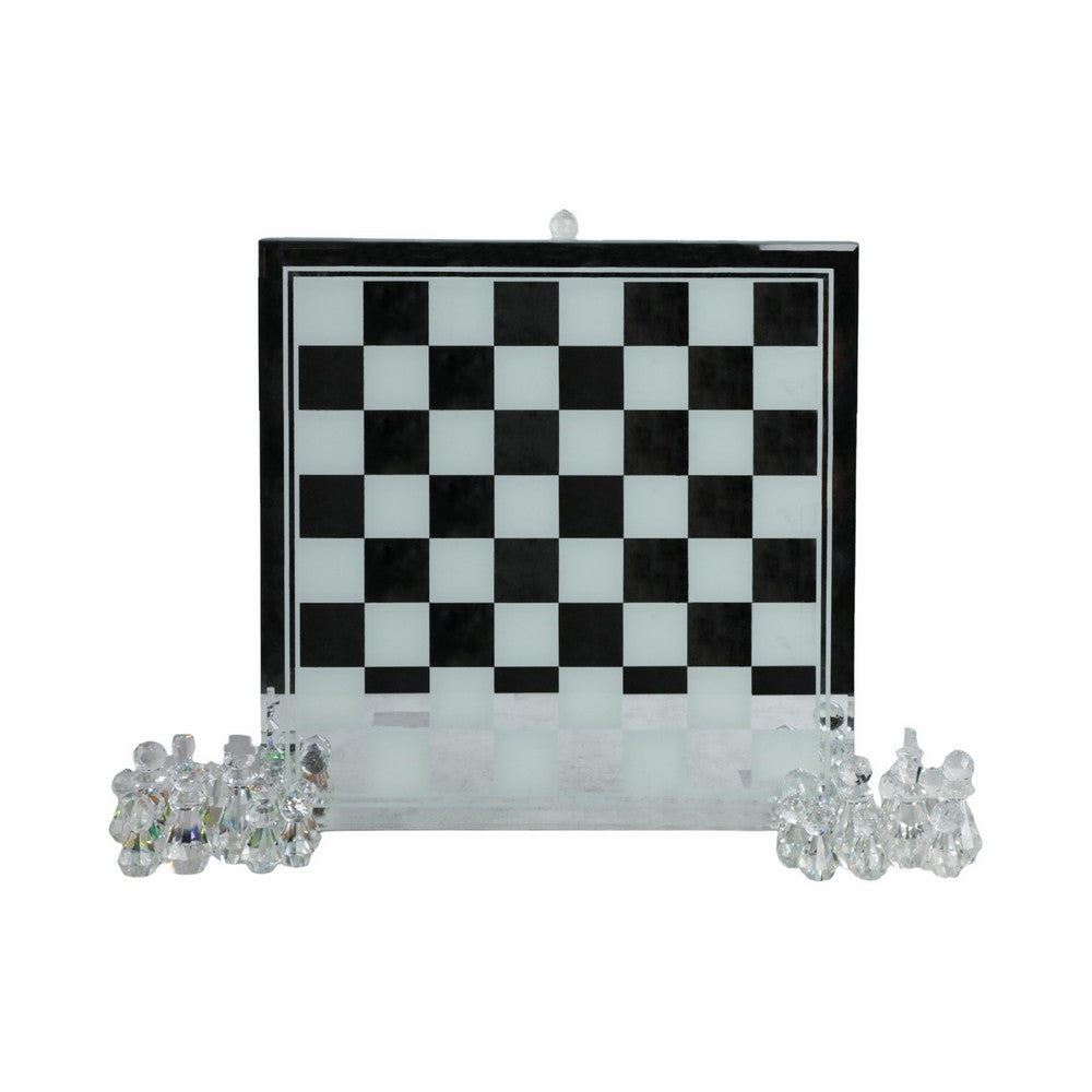 Chessboard Set w Drawer | 14" Silver Mirrored Glass & Crystal