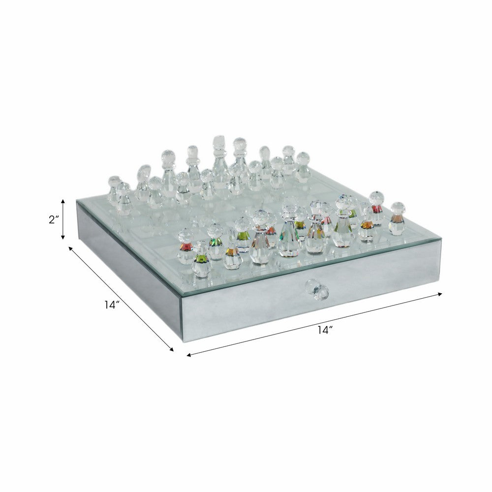 Chessboard Set w Drawer | 14" Silver Mirrored Glass & Crystal
