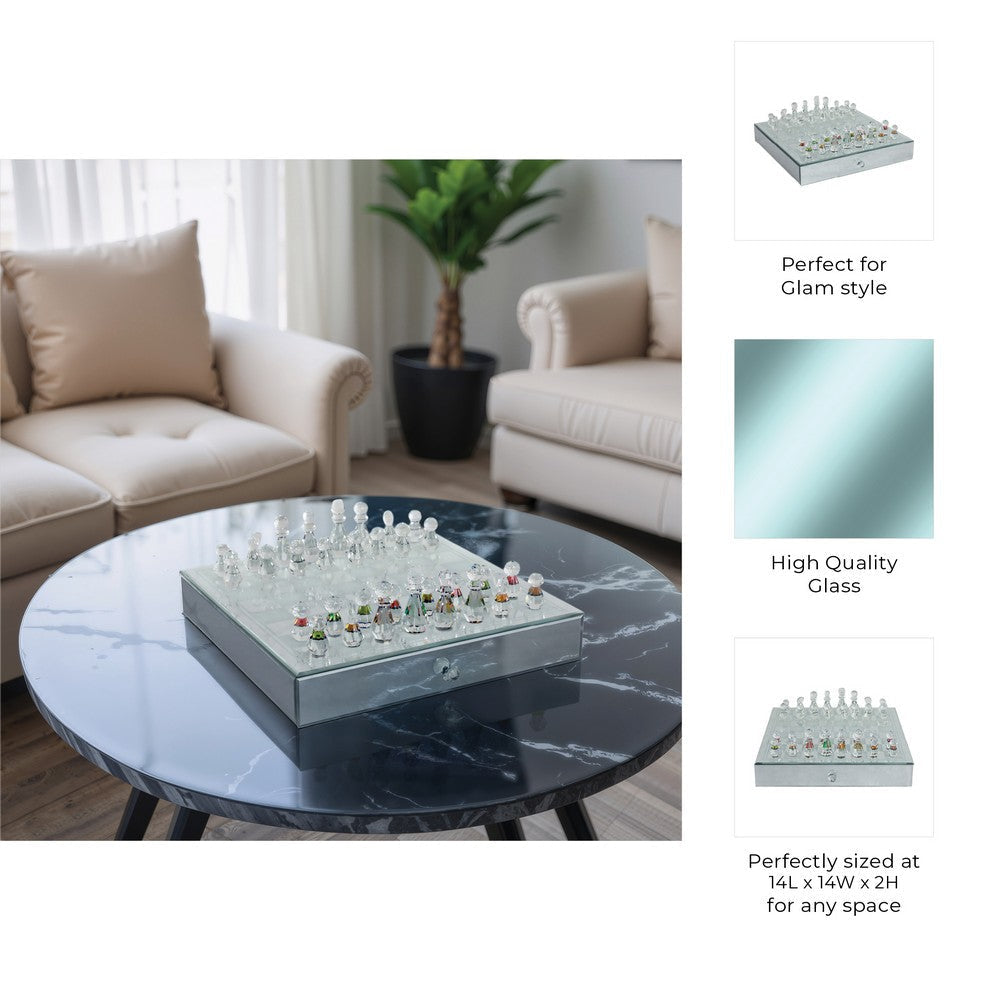 Chessboard Set w Drawer | 14" Silver Mirrored Glass & Crystal
