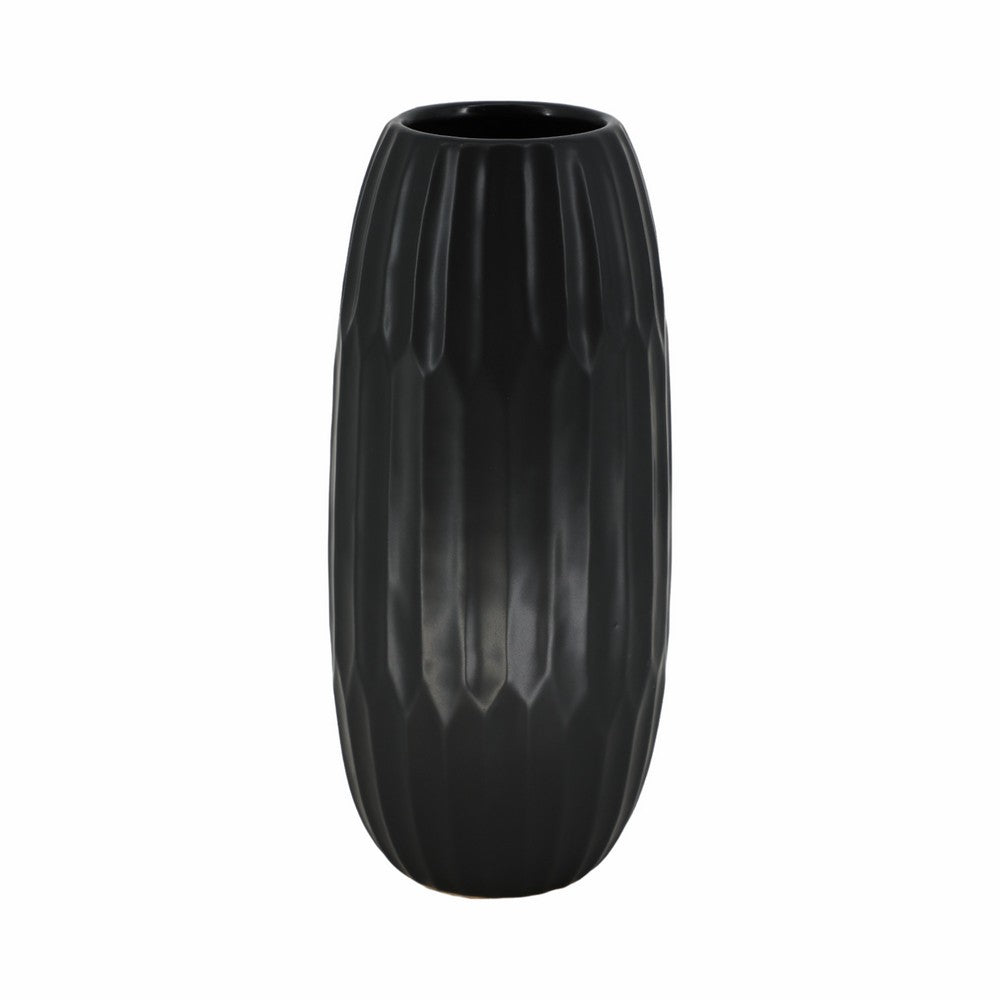 Decorative Flower Vase | 16" Black Cylindrical Indented Design