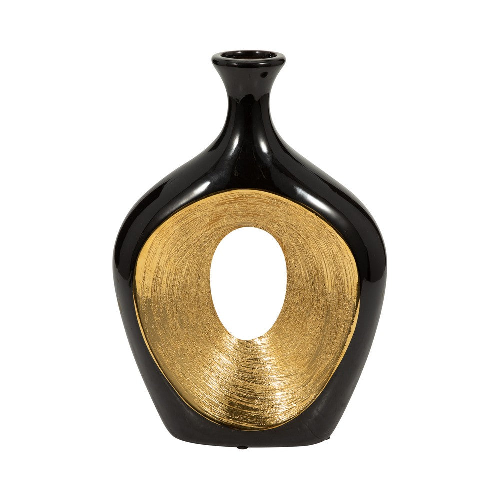 Siev Scratched Vase | Open Oval Cut-Out Frame | Black-Gold Ceramic 13"