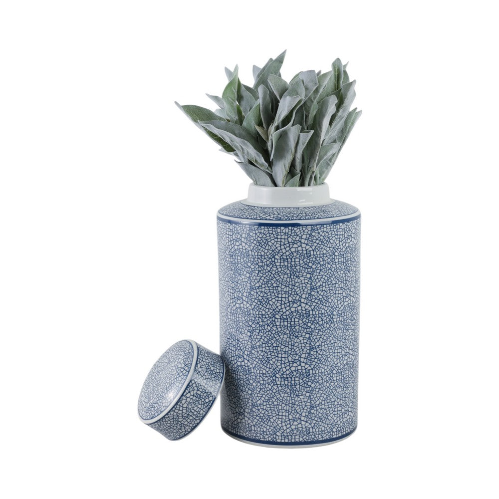 Decorative Storage Jar w Lid | 16" | Blue & White Crackled Ceramic