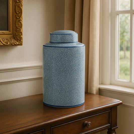 Decorative Storage Jar w Lid | 16" | Blue & White Crackled Ceramic