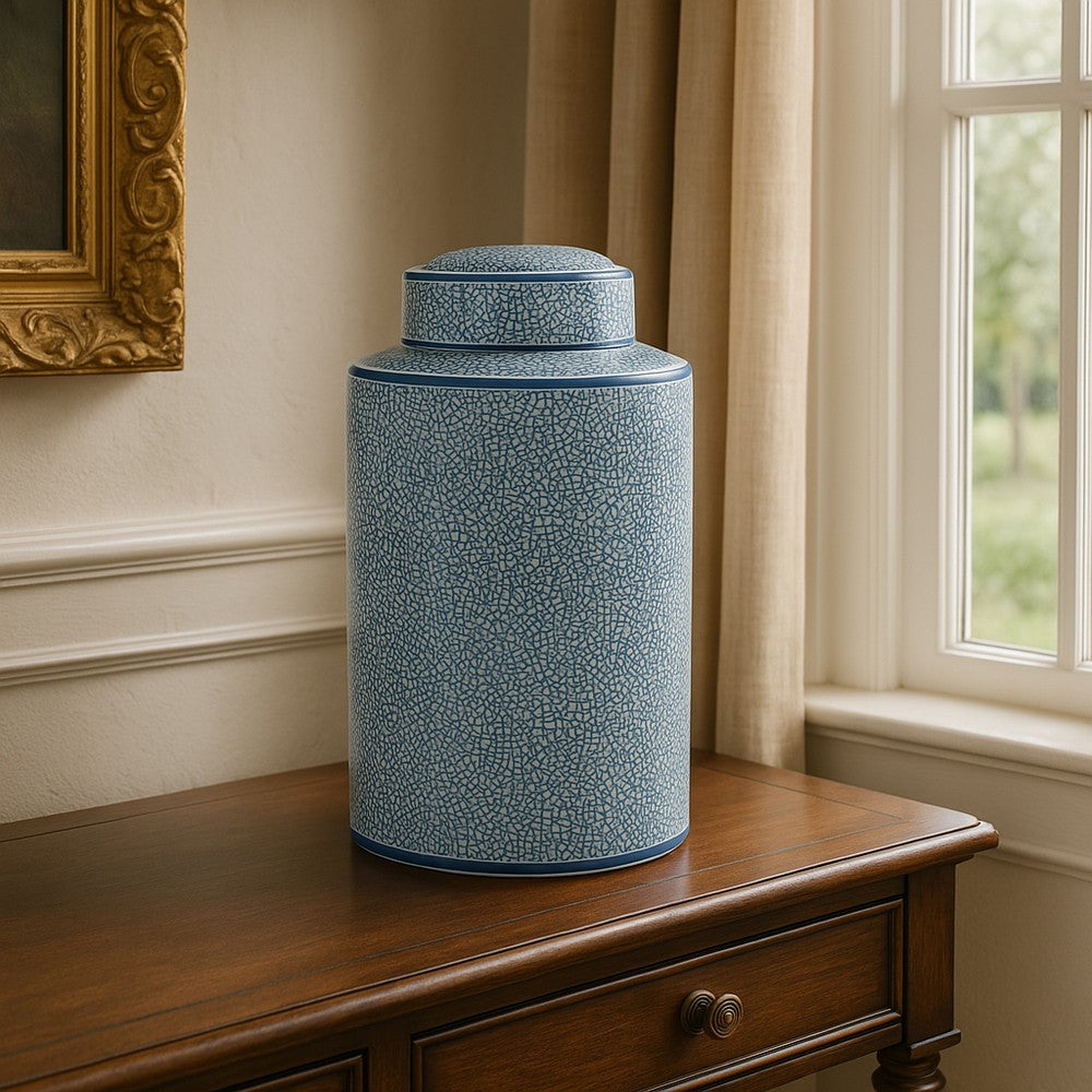 Decorative Storage Jar w Lid | 16" | Blue & White Crackled Ceramic