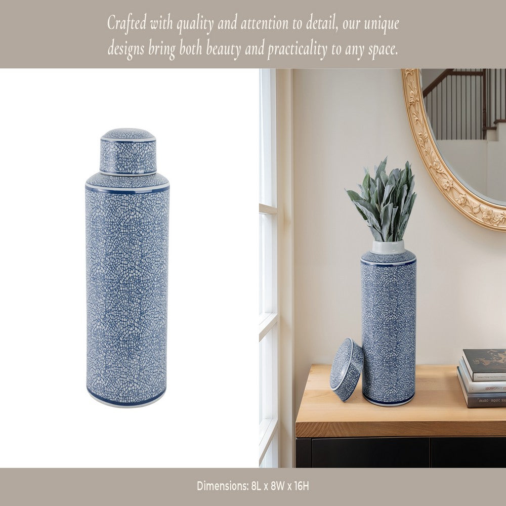 Decorative Storage Jar w Lid | 16" | Blue & White Crackled Ceramic