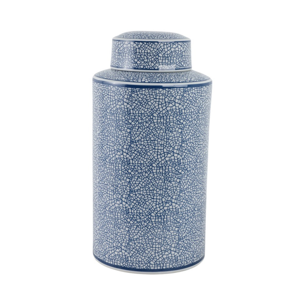 Decorative Storage Jar w Lid | 16" | Blue & White Crackled Ceramic