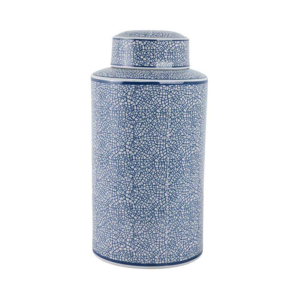 Decorative Storage Jar w Lid | 16" | Blue & White Crackled Ceramic