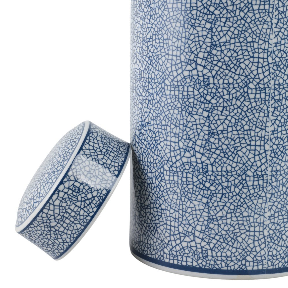 Decorative Storage Jar w Lid | 16" | Blue & White Crackled Ceramic