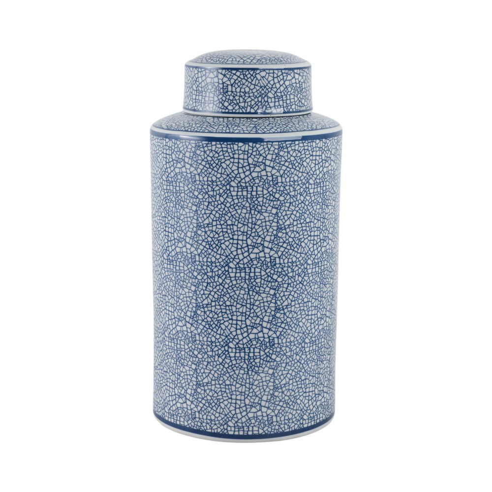 Decorative Storage Jar w Lid | 16" | Blue & White Crackled Ceramic