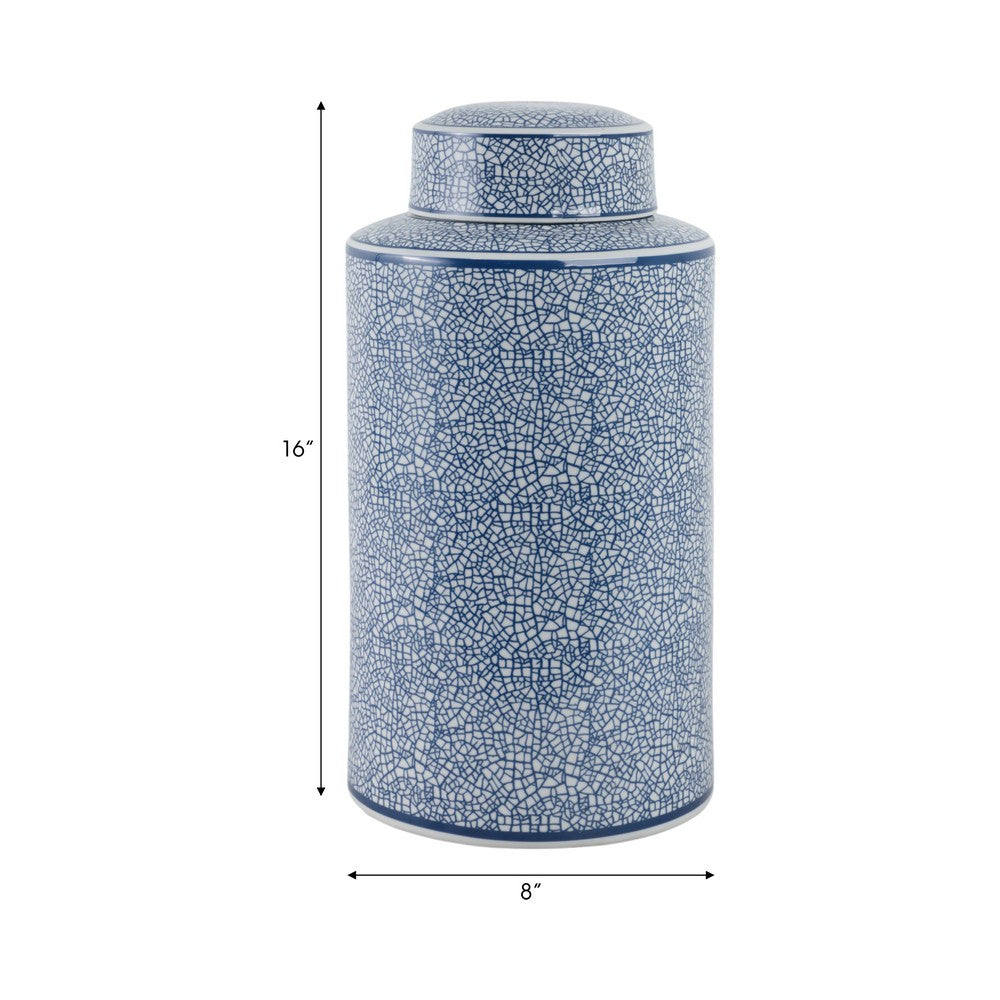 Decorative Storage Jar w Lid | 16" | Blue & White Crackled Ceramic