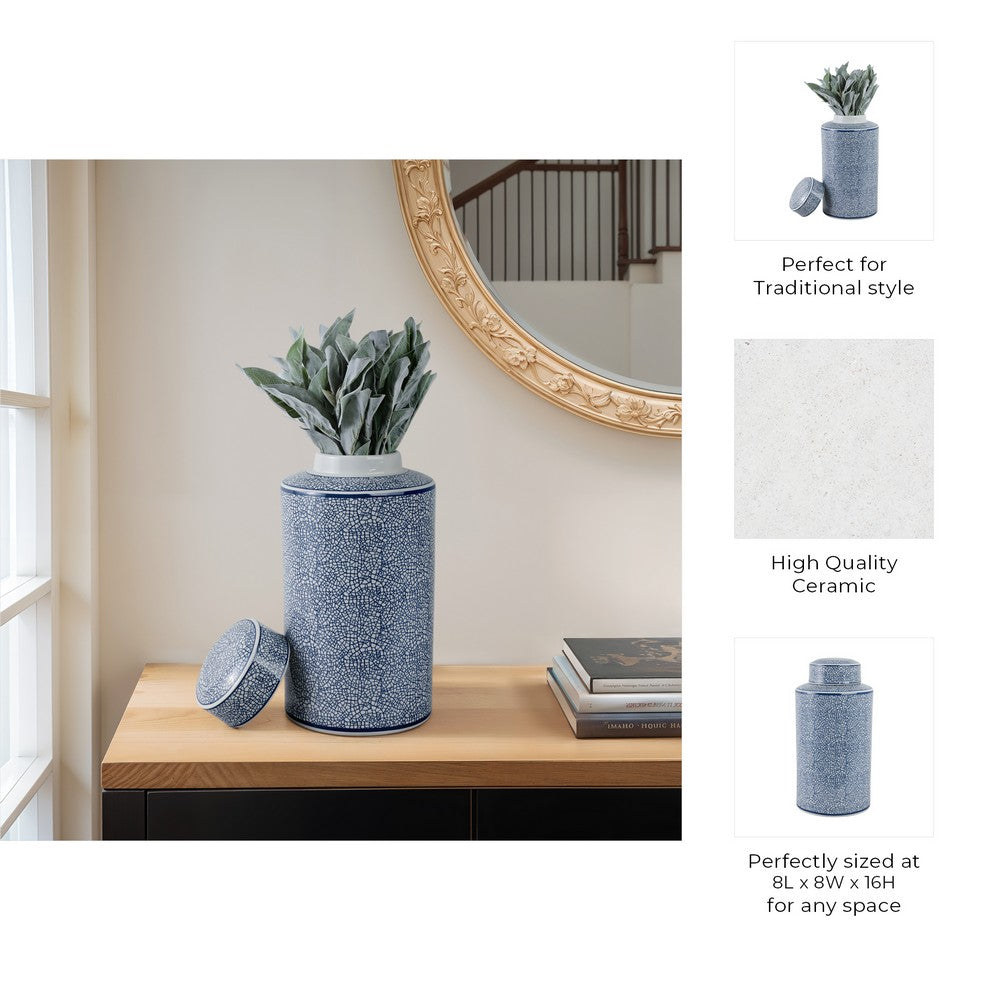 Decorative Storage Jar w Lid | 16" | Blue & White Crackled Ceramic