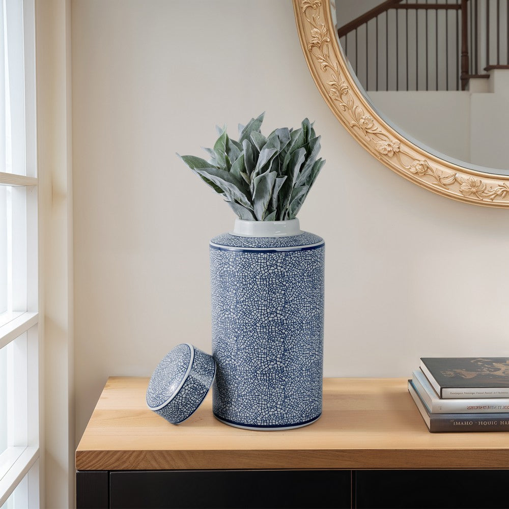 Decorative Storage Jar w Lid | 16" | Blue & White Crackled Ceramic