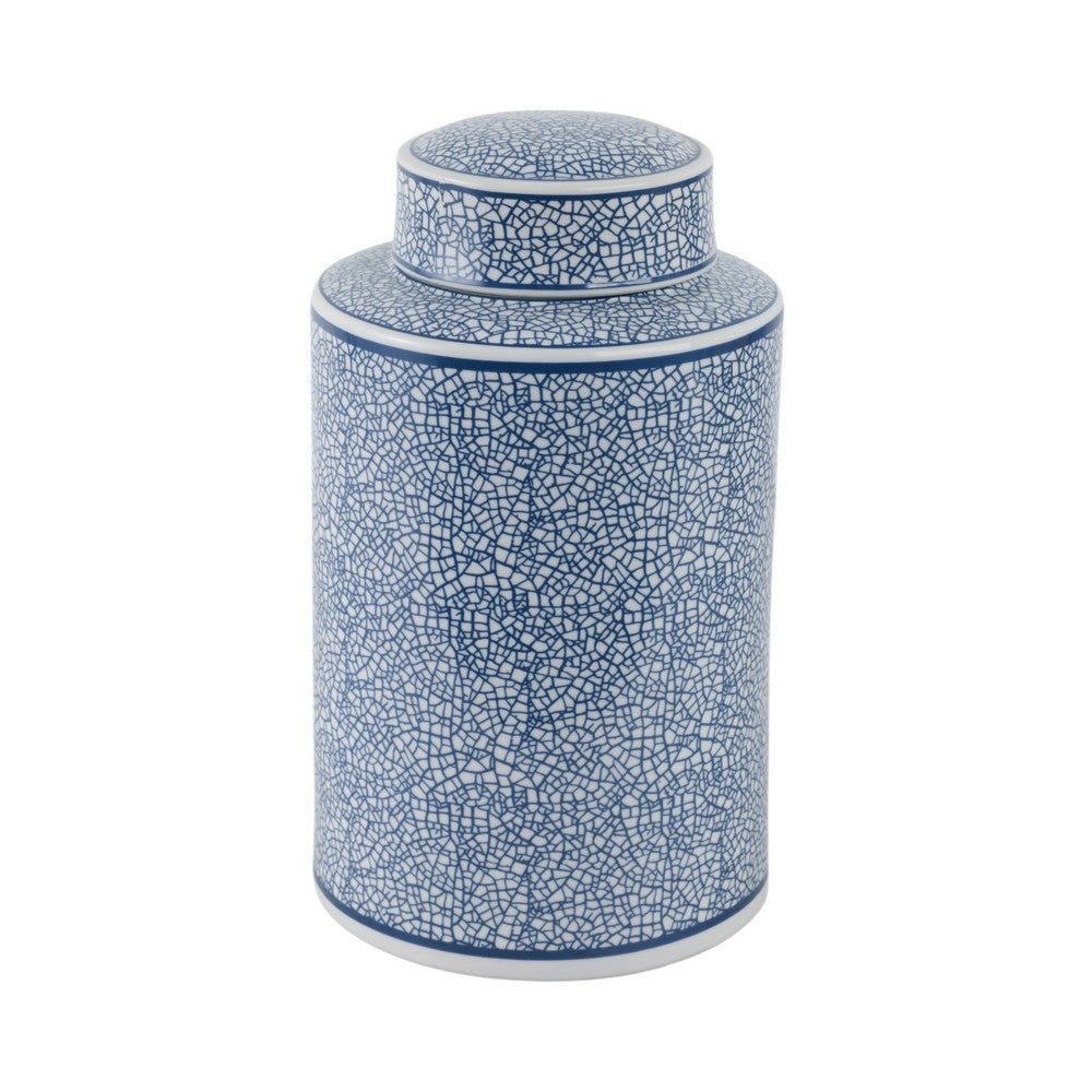 Decorative Storage Jar with Lid | 12" | Blue & White Crackled Ceramic