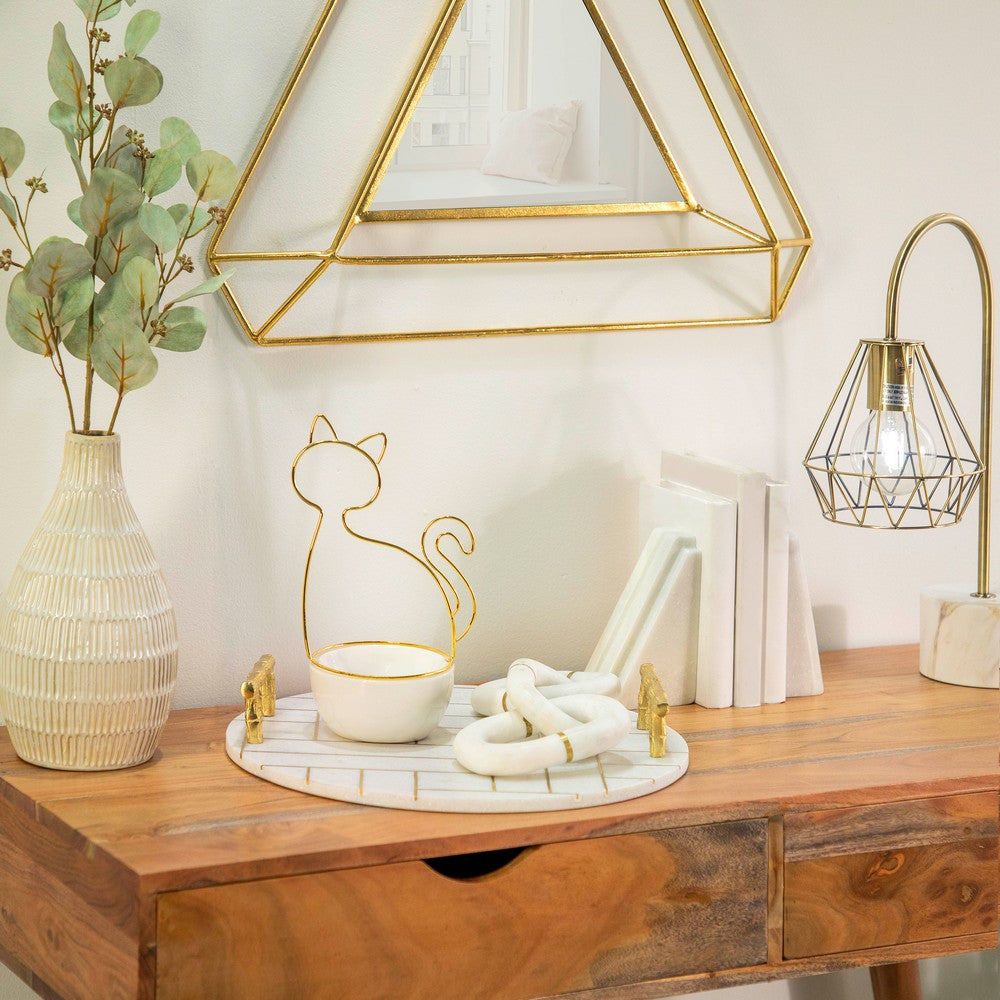 Decorative Trinket Tray | White Ceramic Base with Gold Metal Cat Design Top