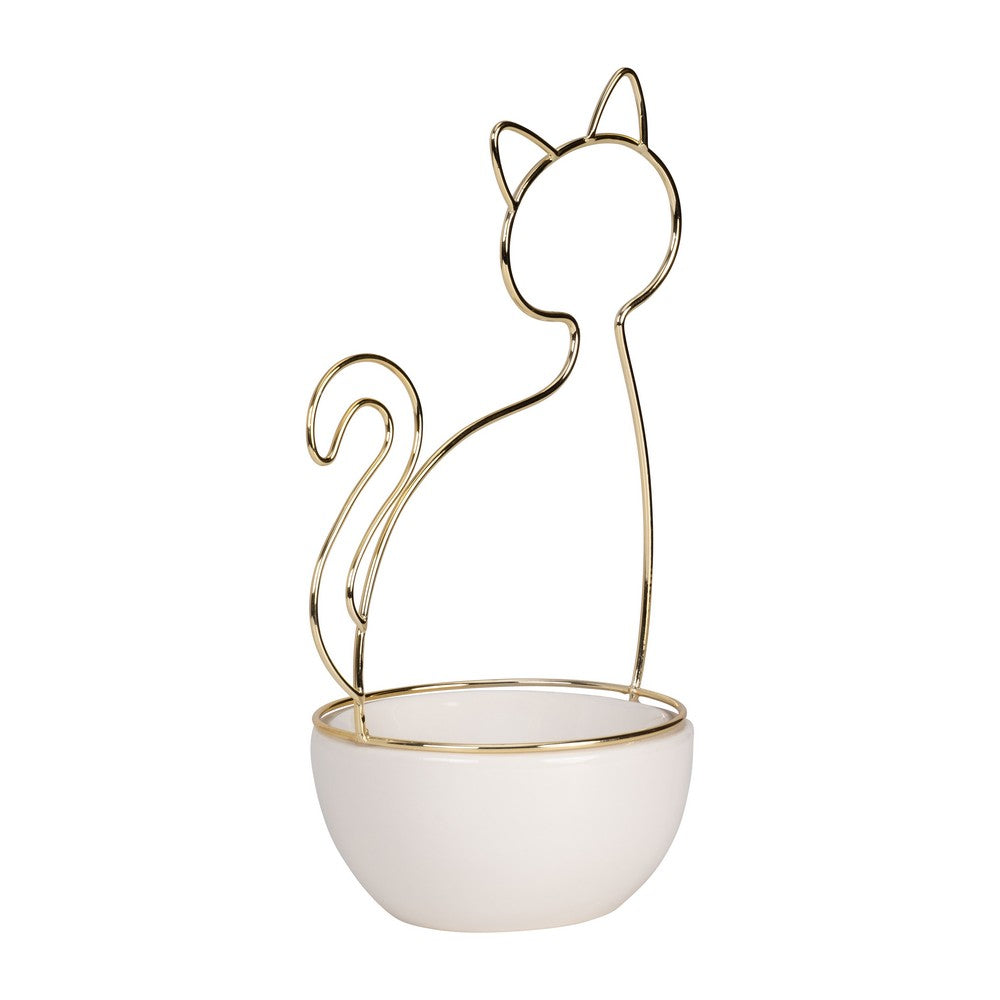 Decorative Trinket Tray | White Ceramic Base with Gold Metal Cat Design Top