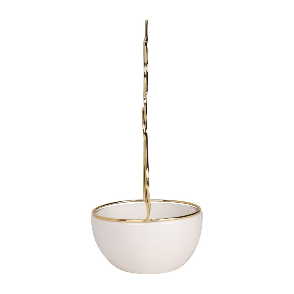 Decorative Trinket Tray | White Ceramic Base with Gold Metal Cat Design Top